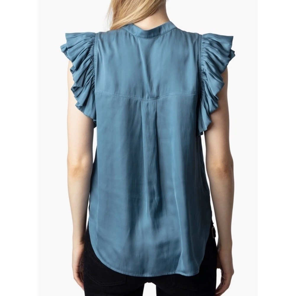 Zadig & Voltaire Tiza Satin Ruffle Top In Bluestone Woman's Size Medium $348 - Picture 2 of 10